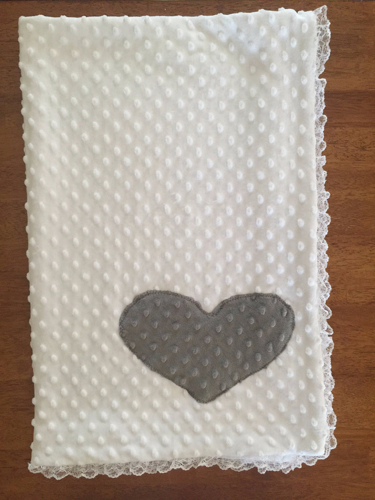 Minky Dimple Heart Blanket with Lace Trim