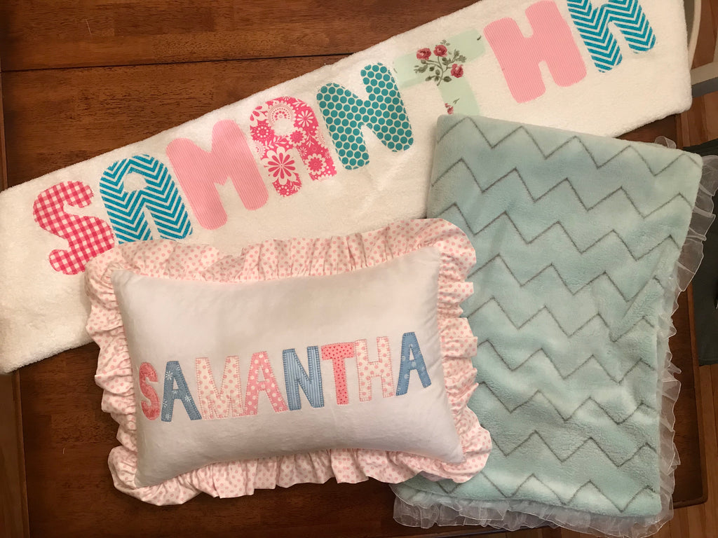 Samantha set includes ruffle pillow, towel and blanket
